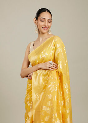 Mohey Women Sunshine Yellow and Gold Floral Zari Work Saree image number 1