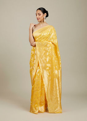 Mohey Women Sunshine Yellow and Gold Floral Zari Work Saree image number 2