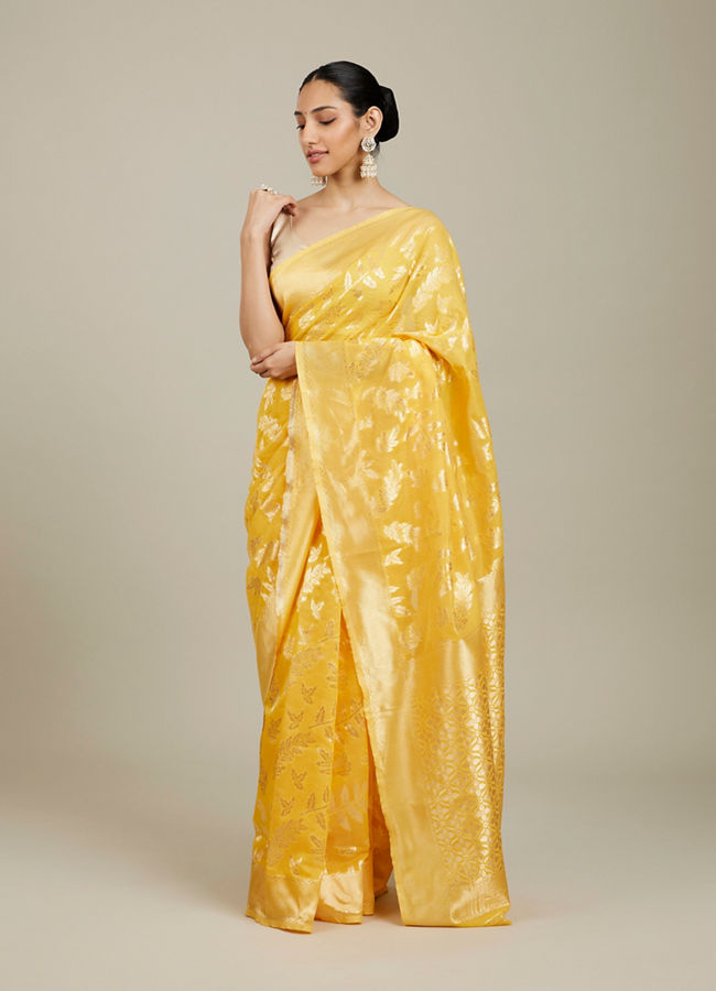 Mohey Women Sunshine Yellow and Gold Floral Zari Work Saree image number 2