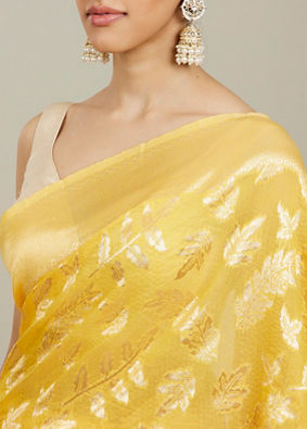 Mohey Women Sunshine Yellow and Gold Floral Zari Work Saree image number 3