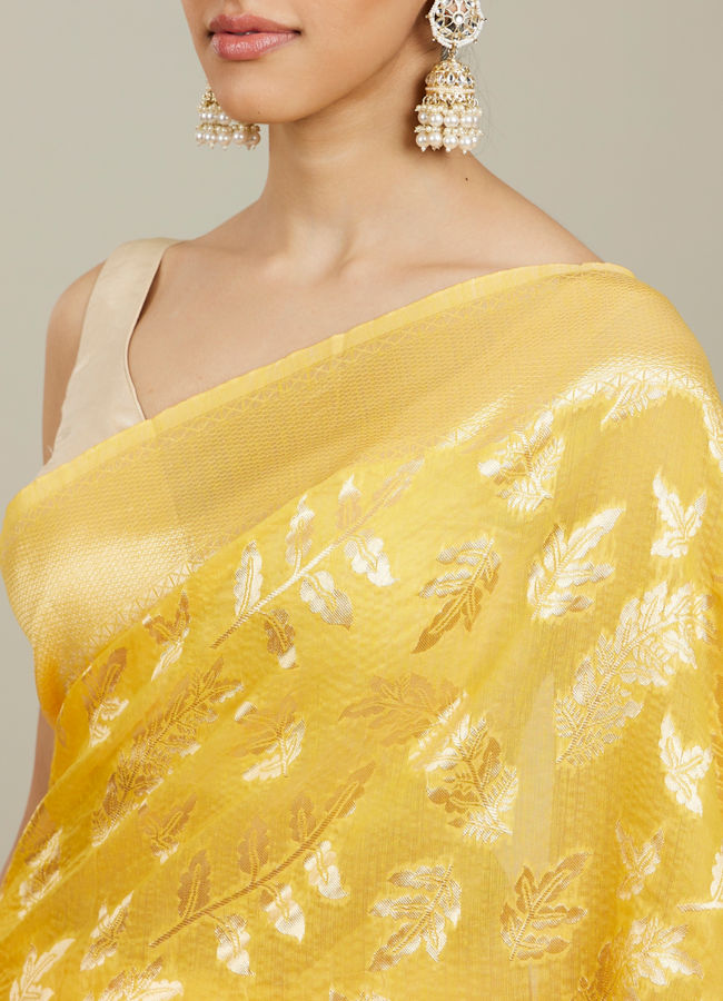 Mohey Women Sunshine Yellow and Gold Floral Zari Work Saree