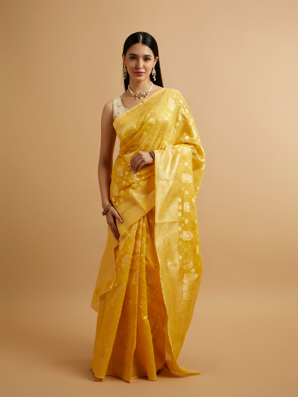 Mohey Women Radiant Yellow Zari Weave Saree
