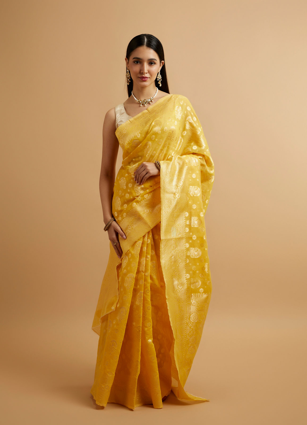 Mohey Women Radiant Yellow Zari Weave Saree