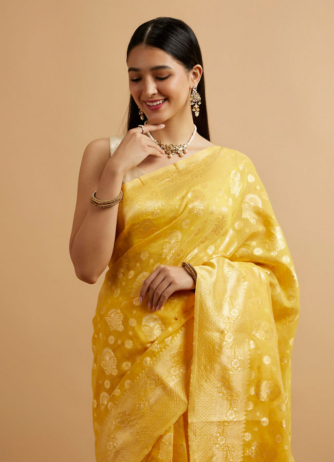 Mohey Women Radiant Yellow Zari Weave Saree