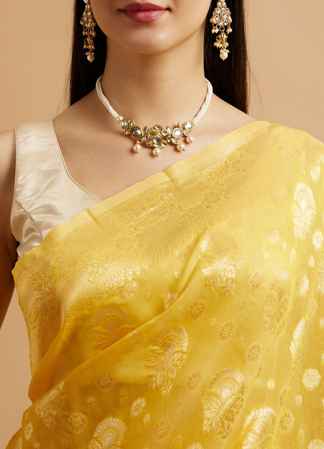 Mohey Women Radiant Yellow Zari Weave Saree