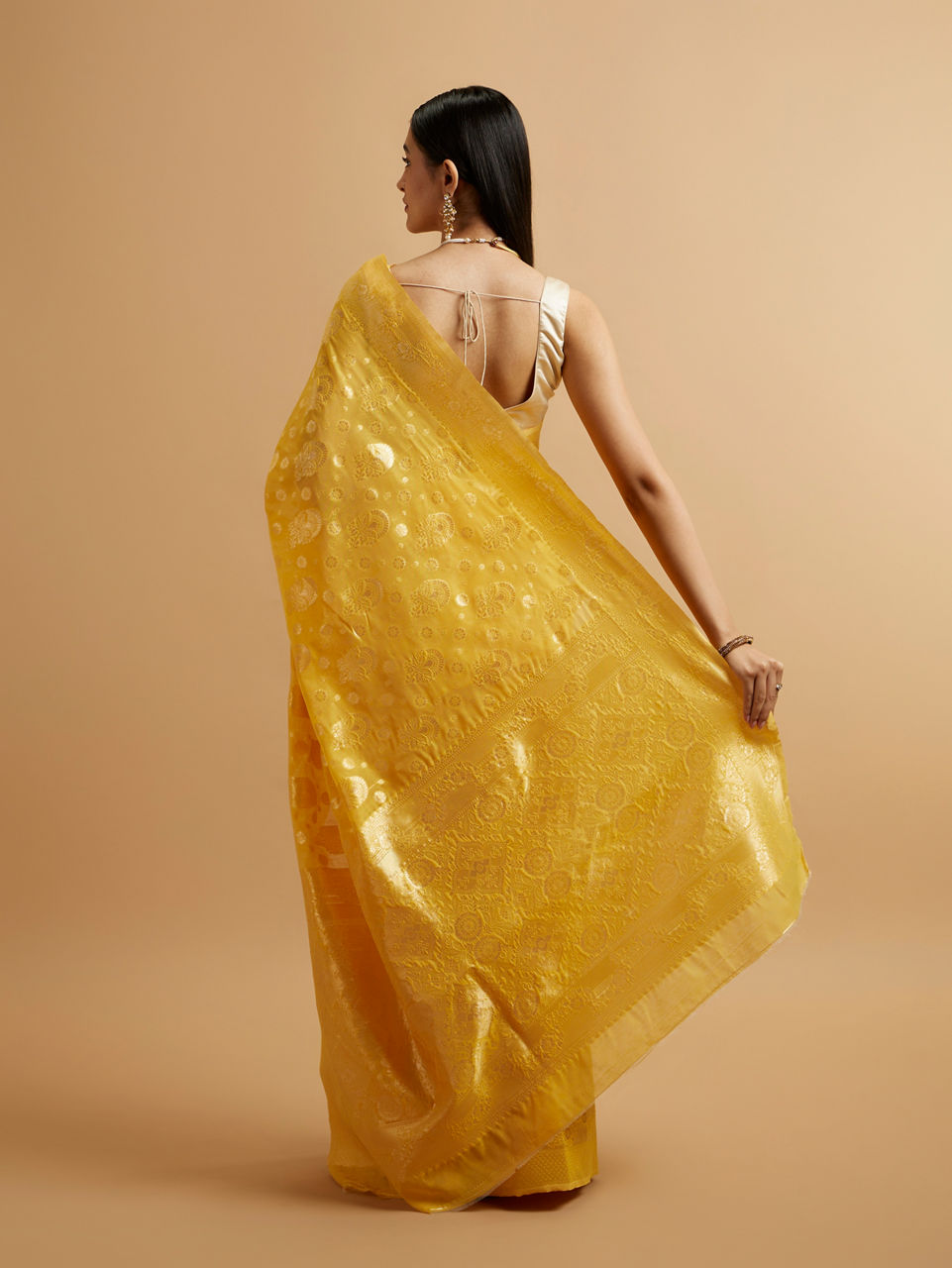 Mohey Women Radiant Yellow Zari Weave Saree