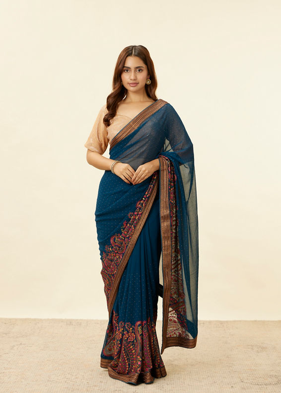 Mohey Women Teal Blue Stone Embellished Paisley Embroidered Saree