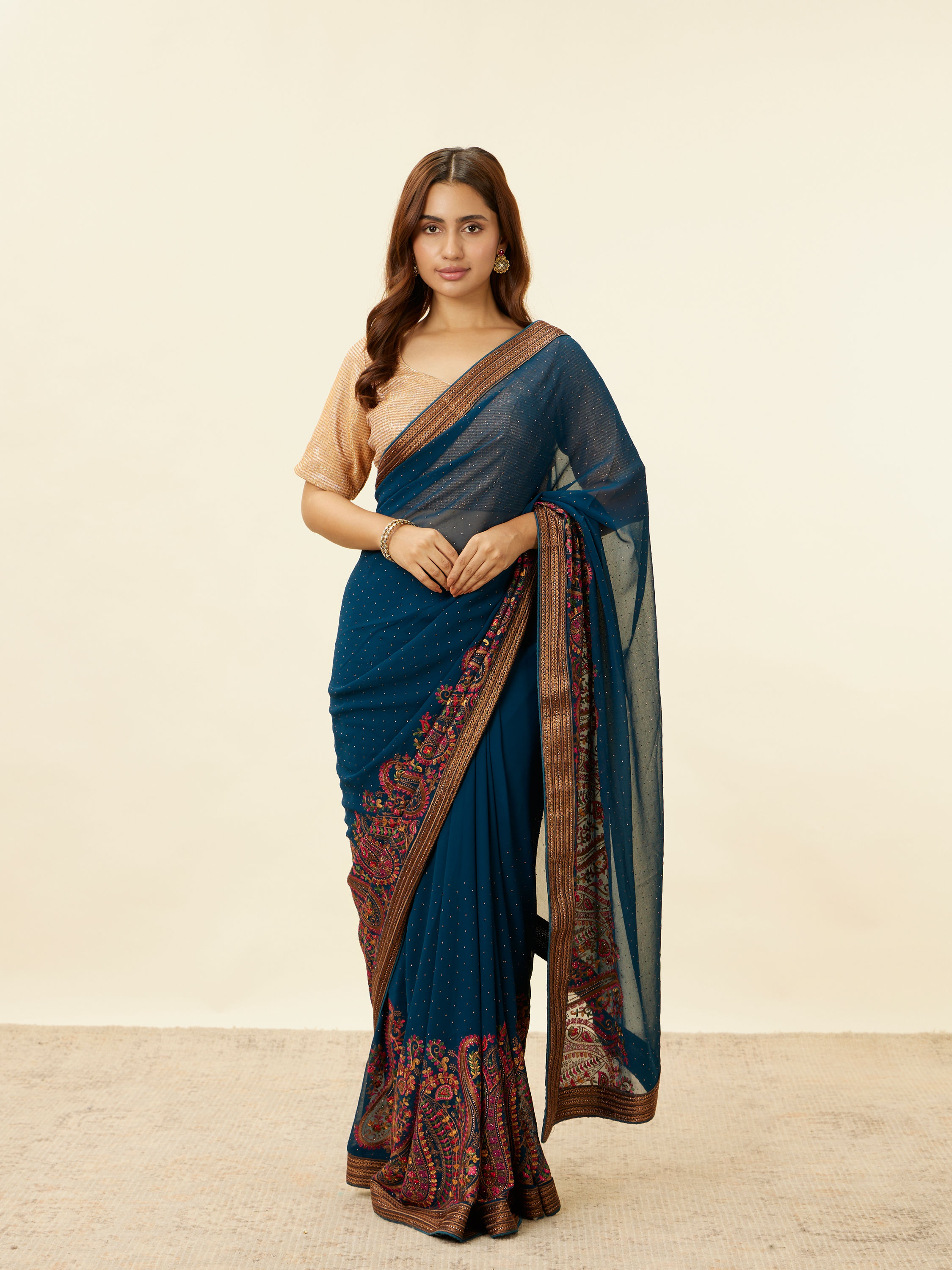 Mohey Women Teal Blue Stone Embellished Paisley Embroidered Saree