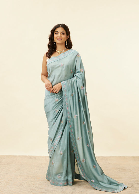 Mohey Women Steel Blue Floral Embroidered Saree