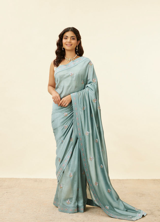 Mohey Women Steel Blue Floral Embroidered Saree