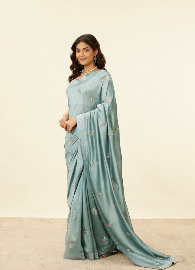 Mohey Women Steel Blue Floral Embroidered Saree