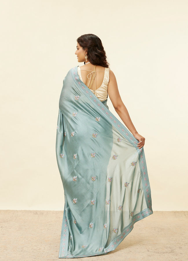 Mohey Women Steel Blue Floral Embroidered Saree