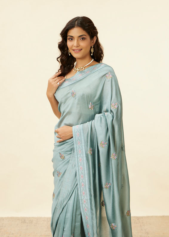 Mohey Women Steel Blue Floral Embroidered Saree