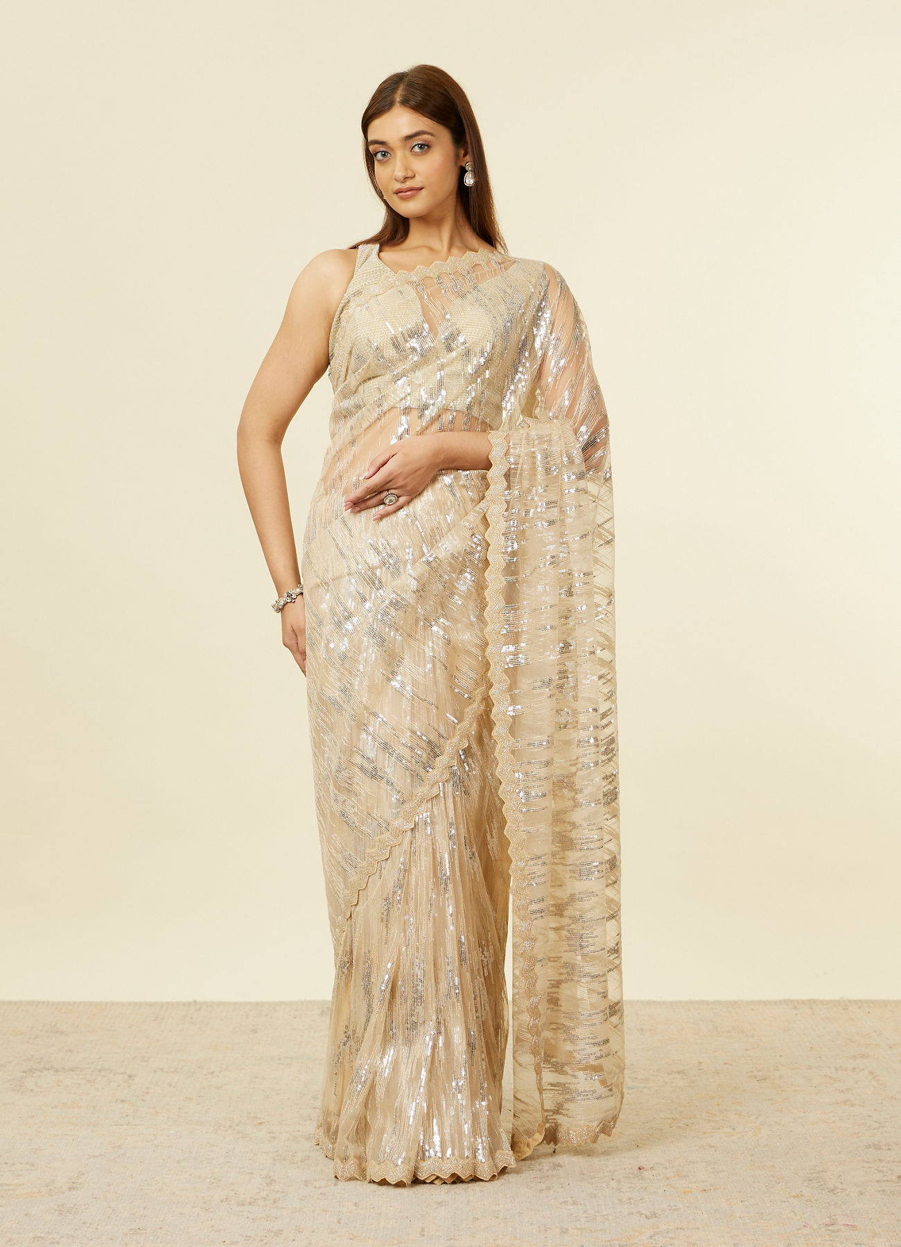 Mohey Women Sand Beige Sequined Saree