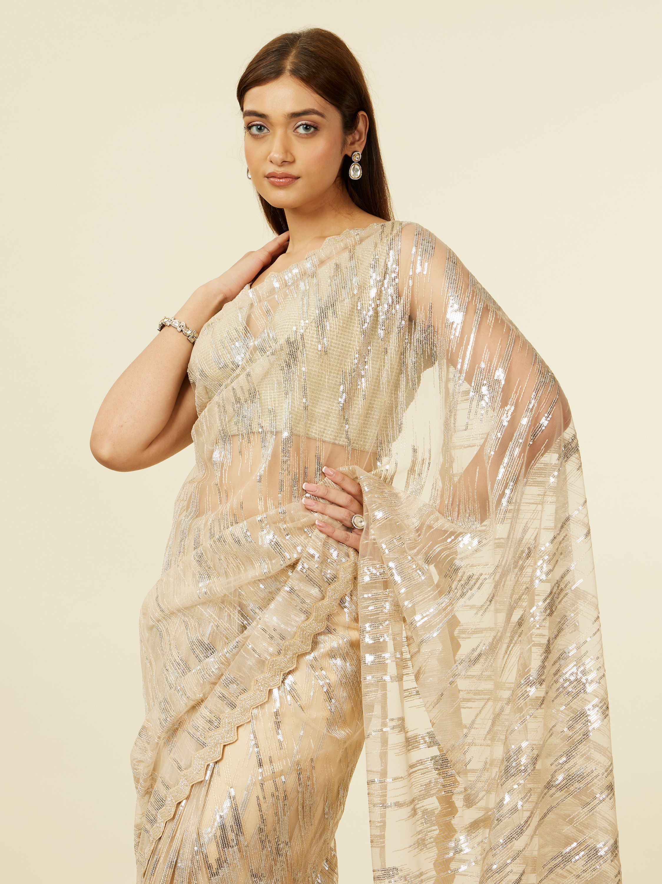 Mohey Women Sand Beige Sequined Saree