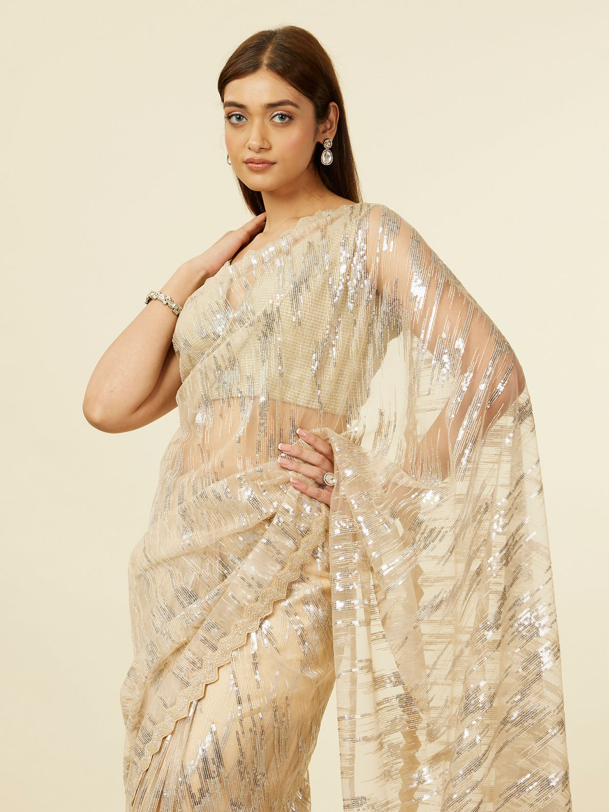 Mohey Women Sand Beige Sequined Saree