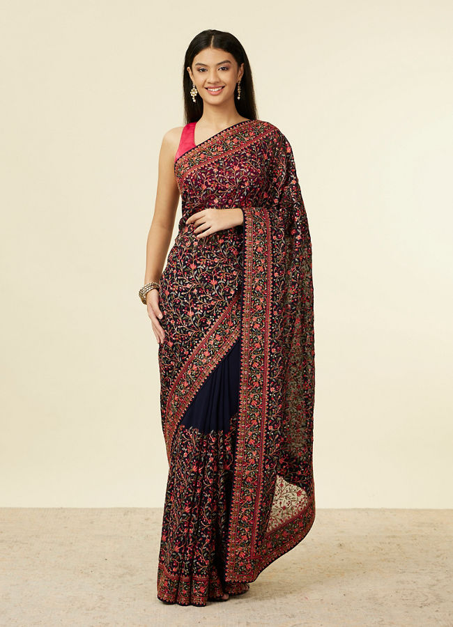 Mohey Women Indigo Blue Bel Buti Patterned Saree