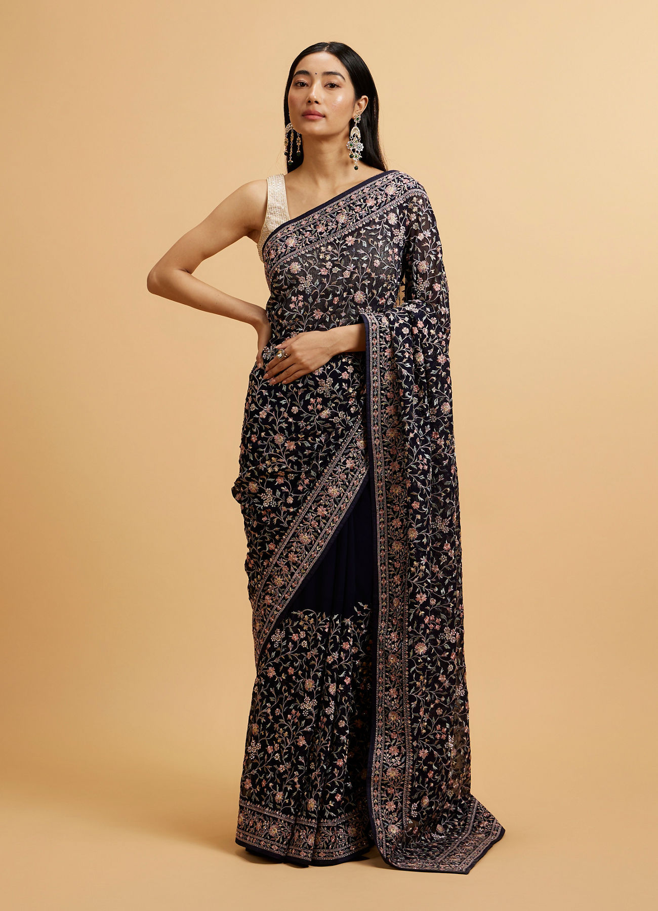 Mohey Women Indigo Blue Bel Buti Embroidered Saree