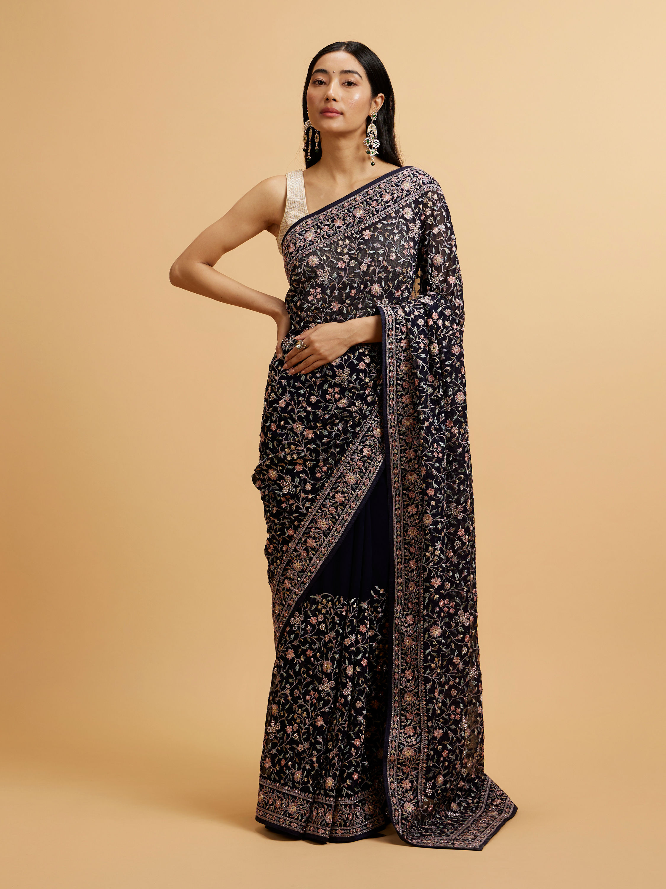 Mohey Women Indigo Blue Bel Buti Embroidered Saree