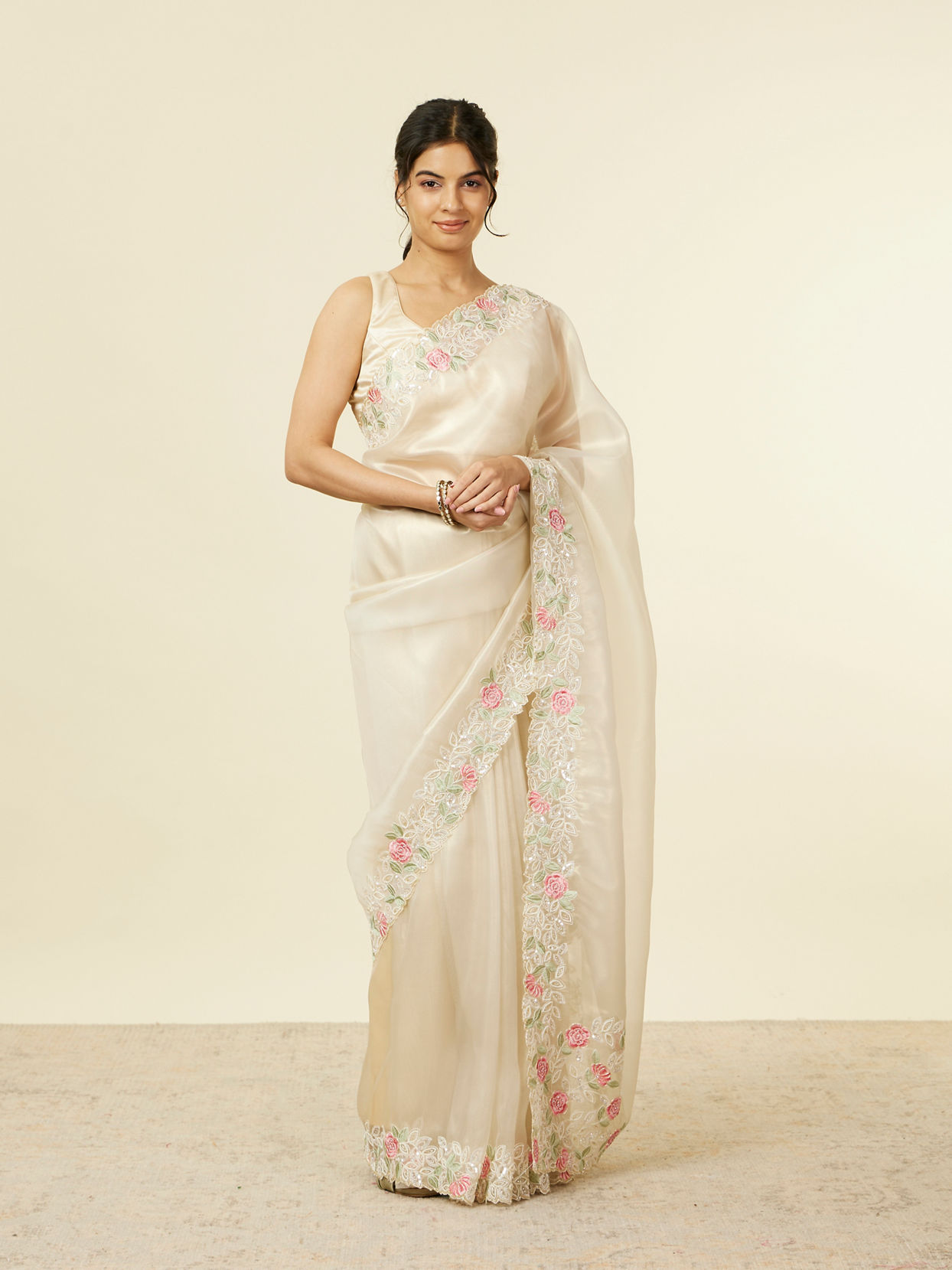 Mohey Women Dark Cream Floral Embroidered Saree