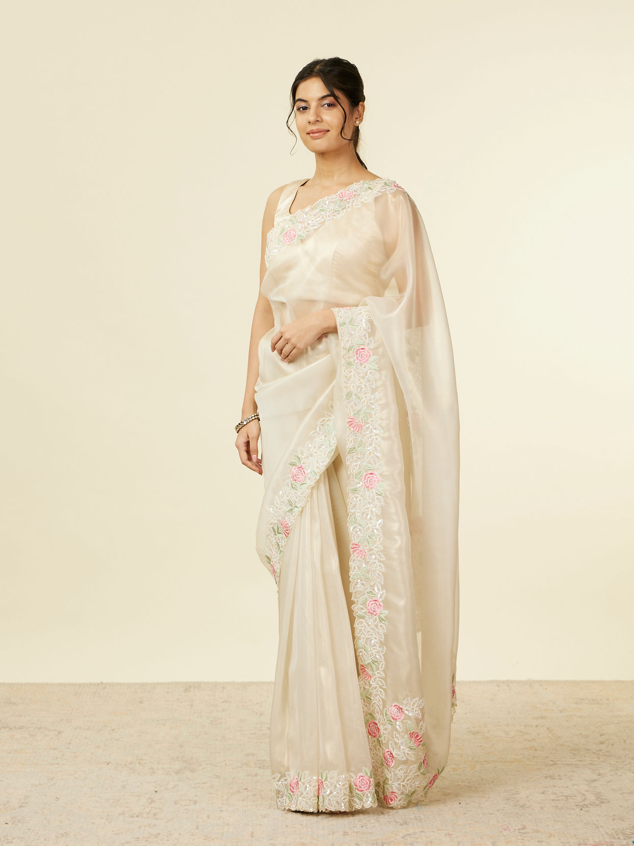 Mohey Women Dark Cream Floral Embroidered Saree