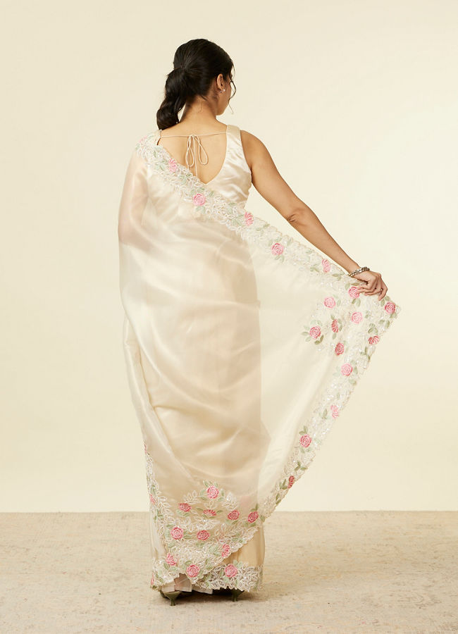 Mohey Women Dark Cream Floral Embroidered Saree