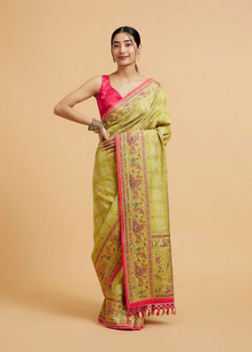 alt message - Mohey Women Soft Green Jaal Embroidered Saree with Bagh Motifs and Sequin Work image number 0