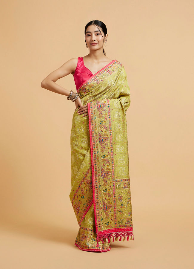 alt message - Mohey Women Soft Green Jaal Embroidered Saree with Bagh Motifs and Sequin Work image number 0