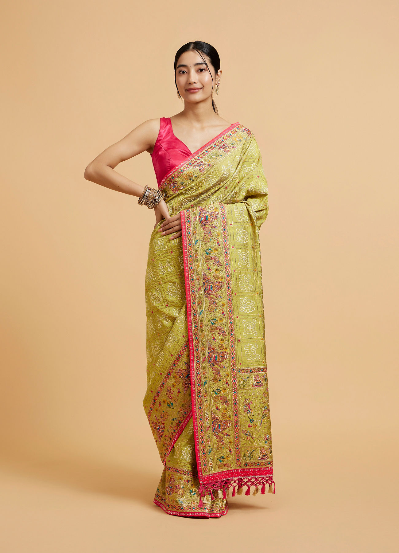 Mohey Women Soft Green Jaal Embroidered Saree with Bagh Motifs and Sequin Work