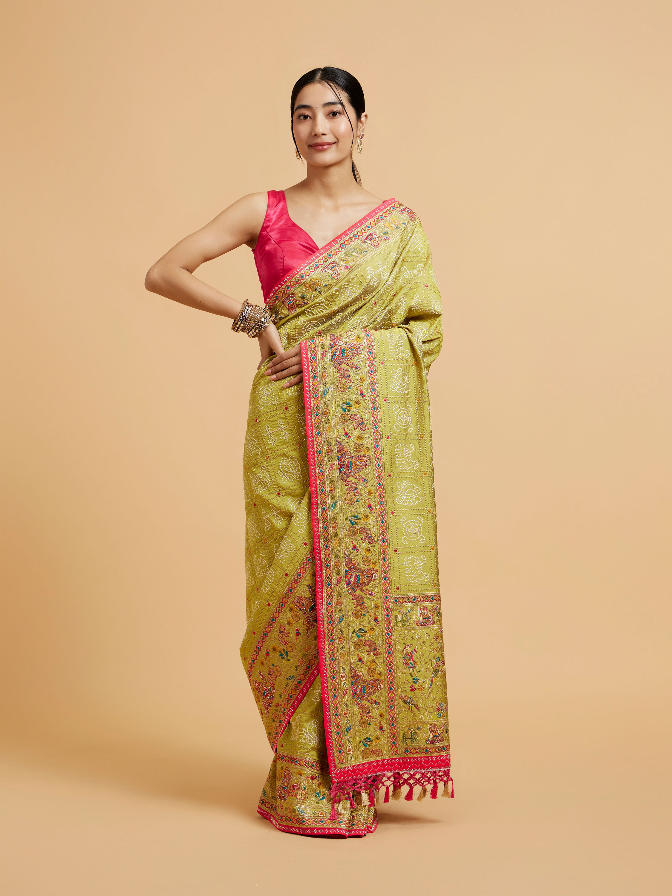 Mohey Women Soft Green Jaal Embroidered Saree with Bagh Motifs and Sequin Work