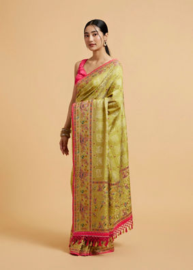 alt message - Mohey Women Soft Green Jaal Embroidered Saree with Bagh Motifs and Sequin Work image number 2