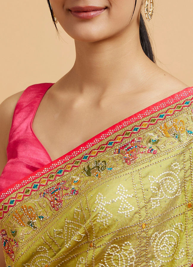 Mohey Women Soft Green Jaal Embroidered Saree with Bagh Motifs and Sequin Work