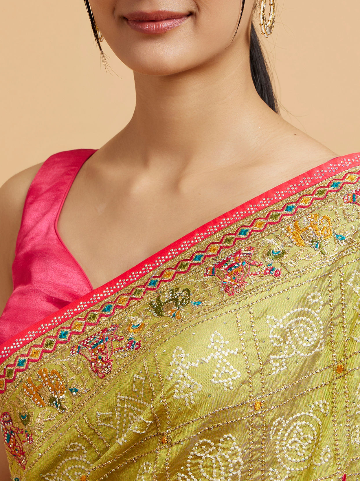 Mohey Women Soft Green Jaal Embroidered Saree with Bagh Motifs and Sequin Work