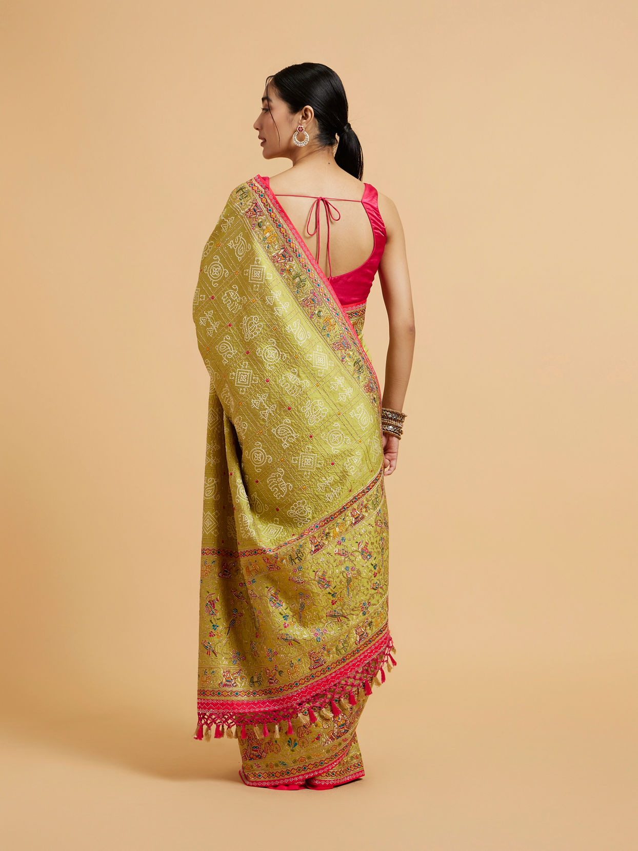 Mohey Women Soft Green Jaal Embroidered Saree with Bagh Motifs and Sequin Work