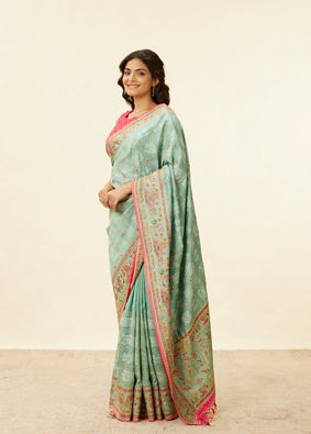 alt message - Mohey Women Sea Green Village Art Embroidered Saree image number 3