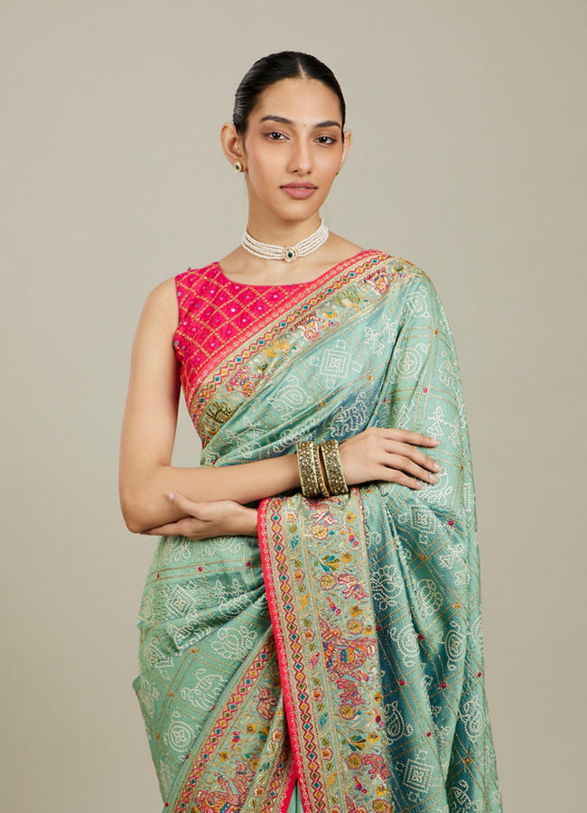 Mohey Women Sea Green Village Art Embroidered Saree image number 1