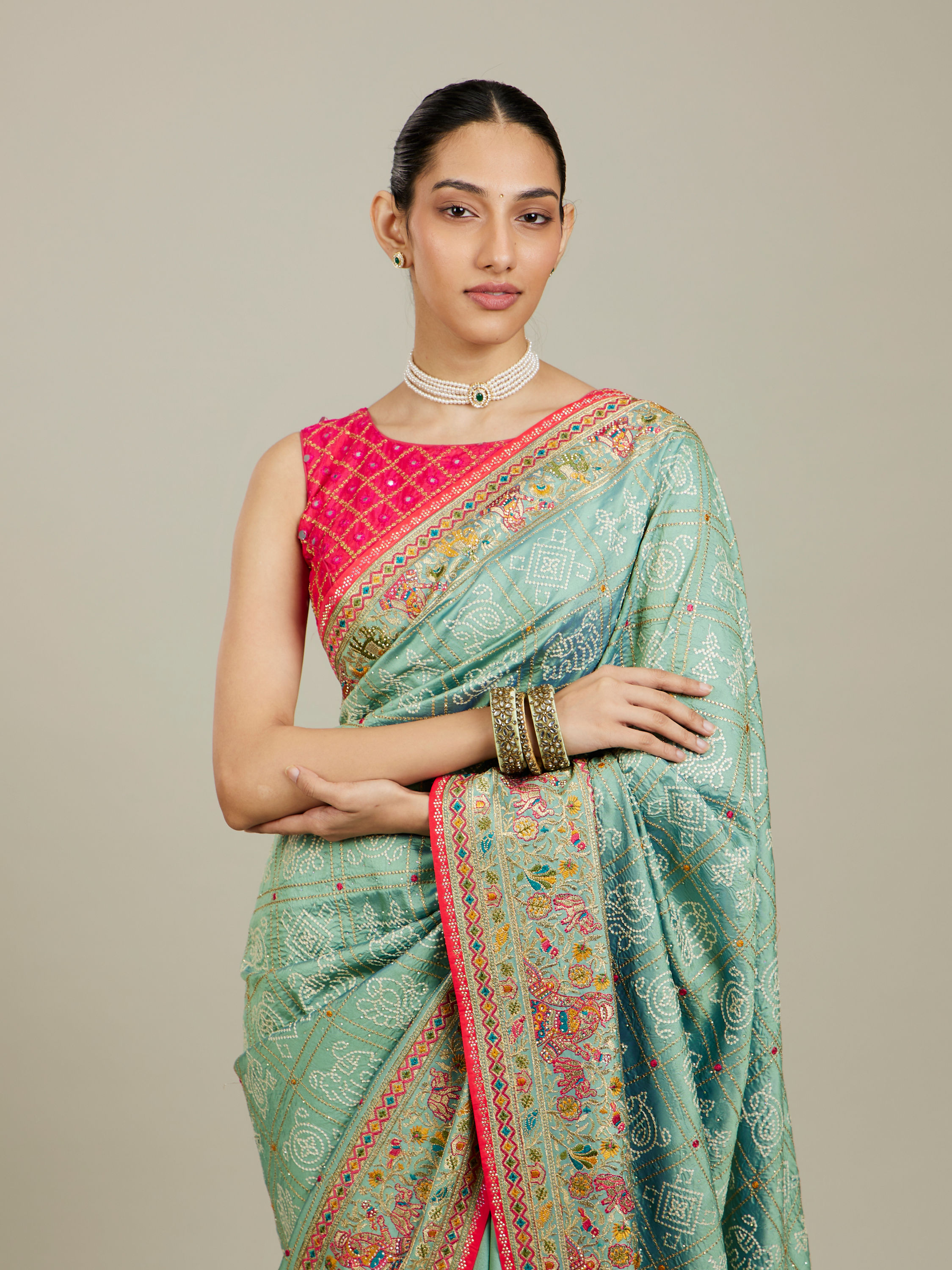 Mohey Women Sea Green Village Art Embroidered Saree