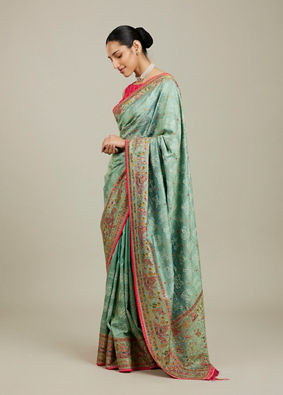 Mohey Women Sea Green Village Art Embroidered Saree image number 2