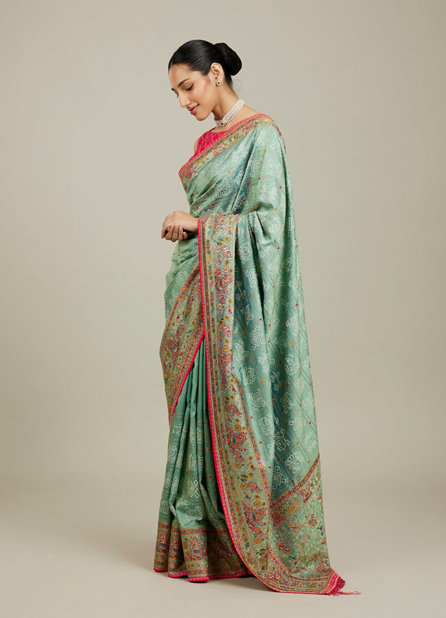 Mohey Women Sea Green Village Art Embroidered Saree
