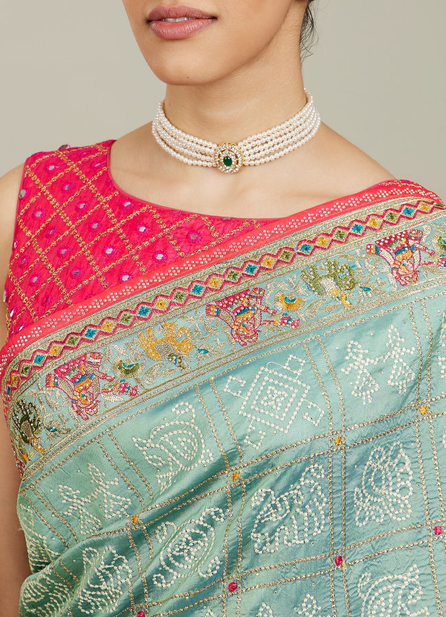 Mohey Women Sea Green Village Art Embroidered Saree