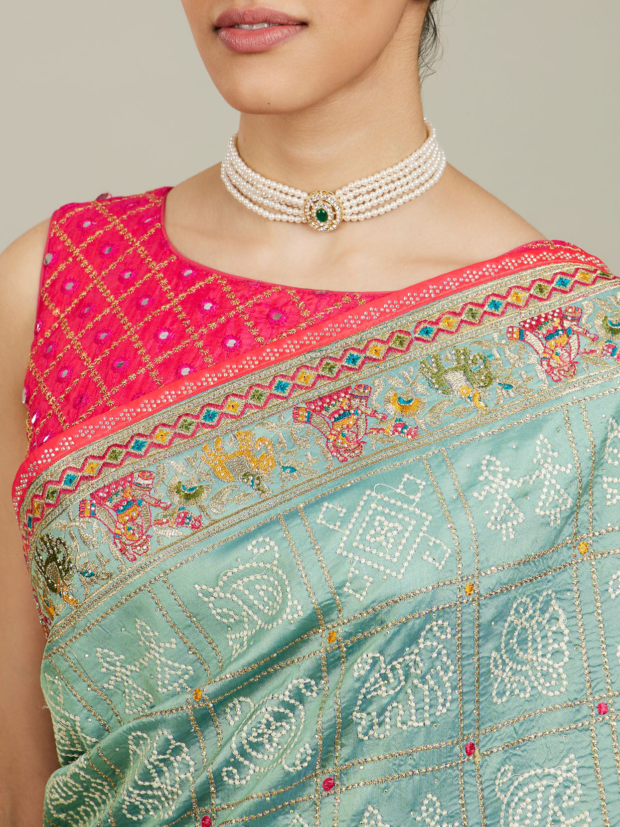Mohey Women Sea Green Village Art Embroidered Saree