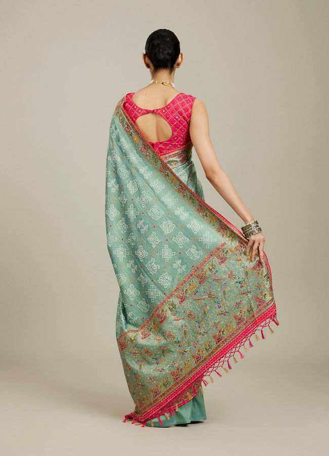 Mohey Women Sea Green Village Art Embroidered Saree