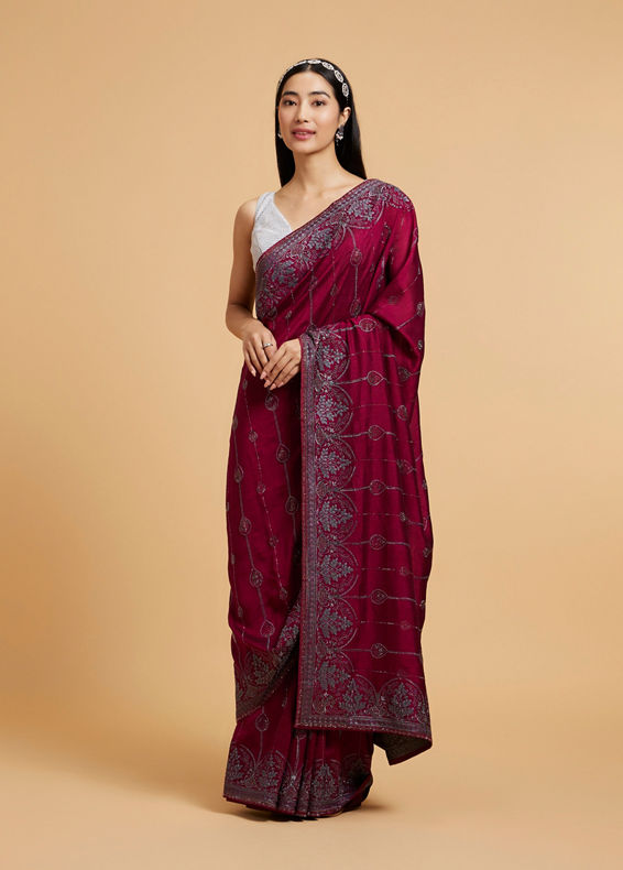 Mohey Women Wine Red Rhinestone Work Saree with Drop Motifs