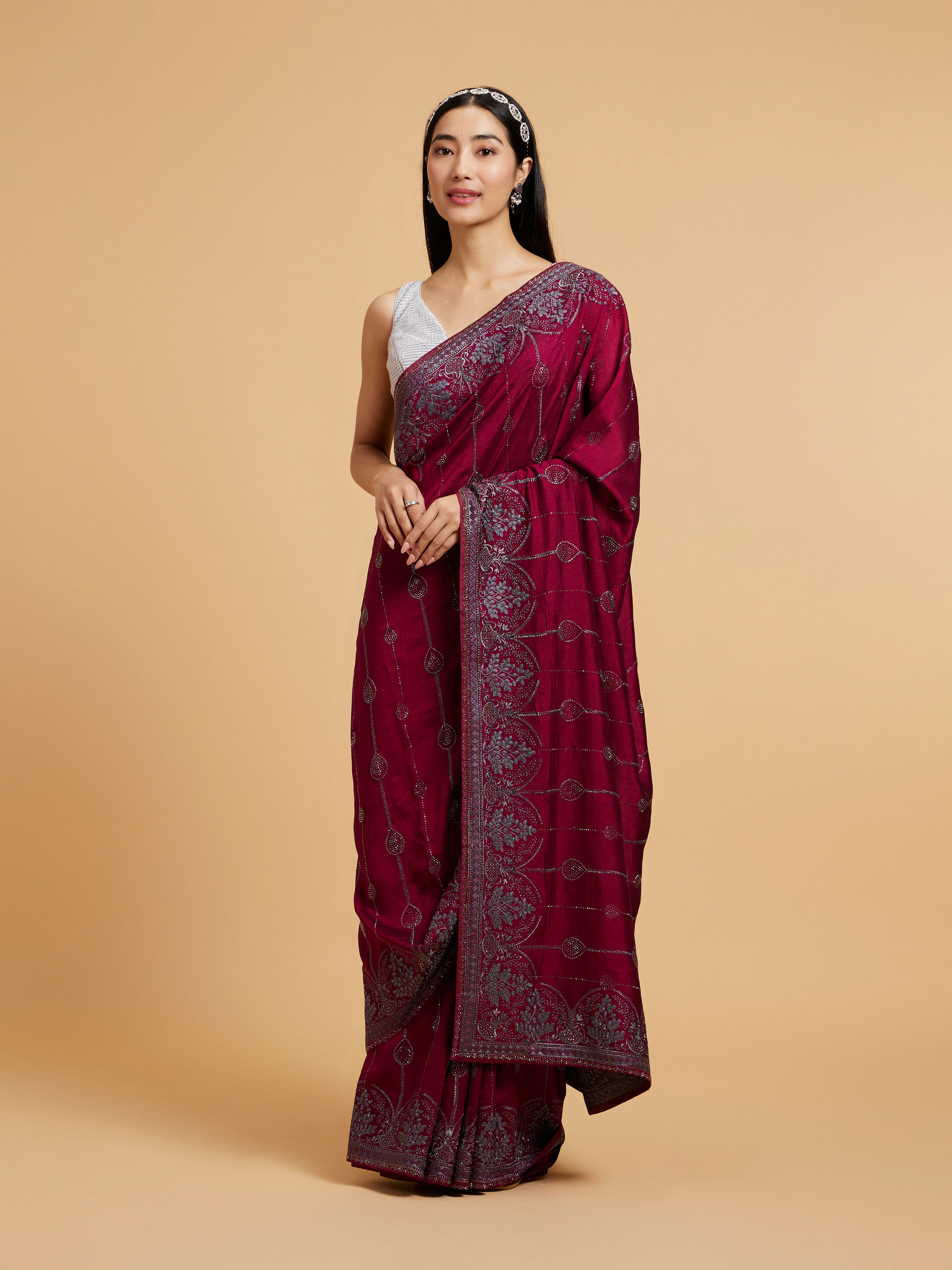 Mohey Women Wine Red Rhinestone Work Saree with Drop Motifs