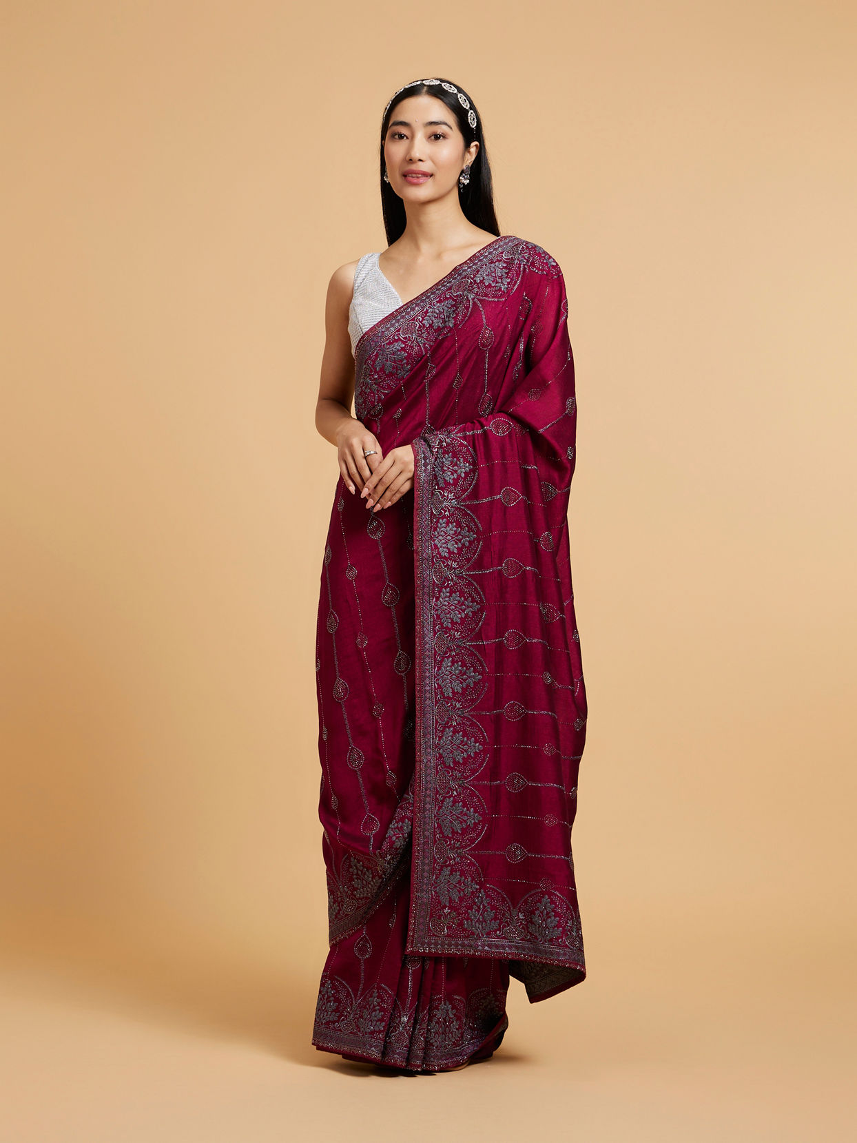 Mohey Women Wine Red Rhinestone Work Saree with Drop Motifs