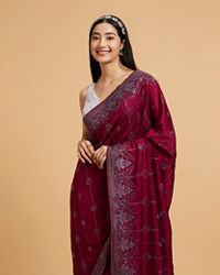 Mohey Women Wine Red Rhinestone Work Saree with Drop Motifs
