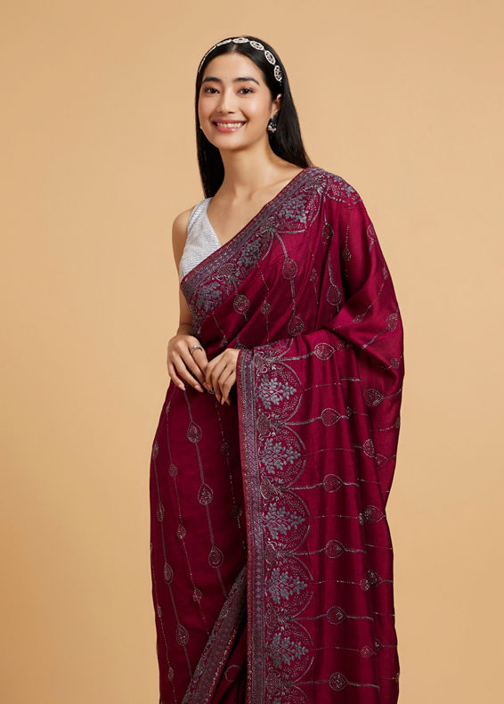 Mohey Women Wine Red Rhinestone Work Saree with Drop Motifs