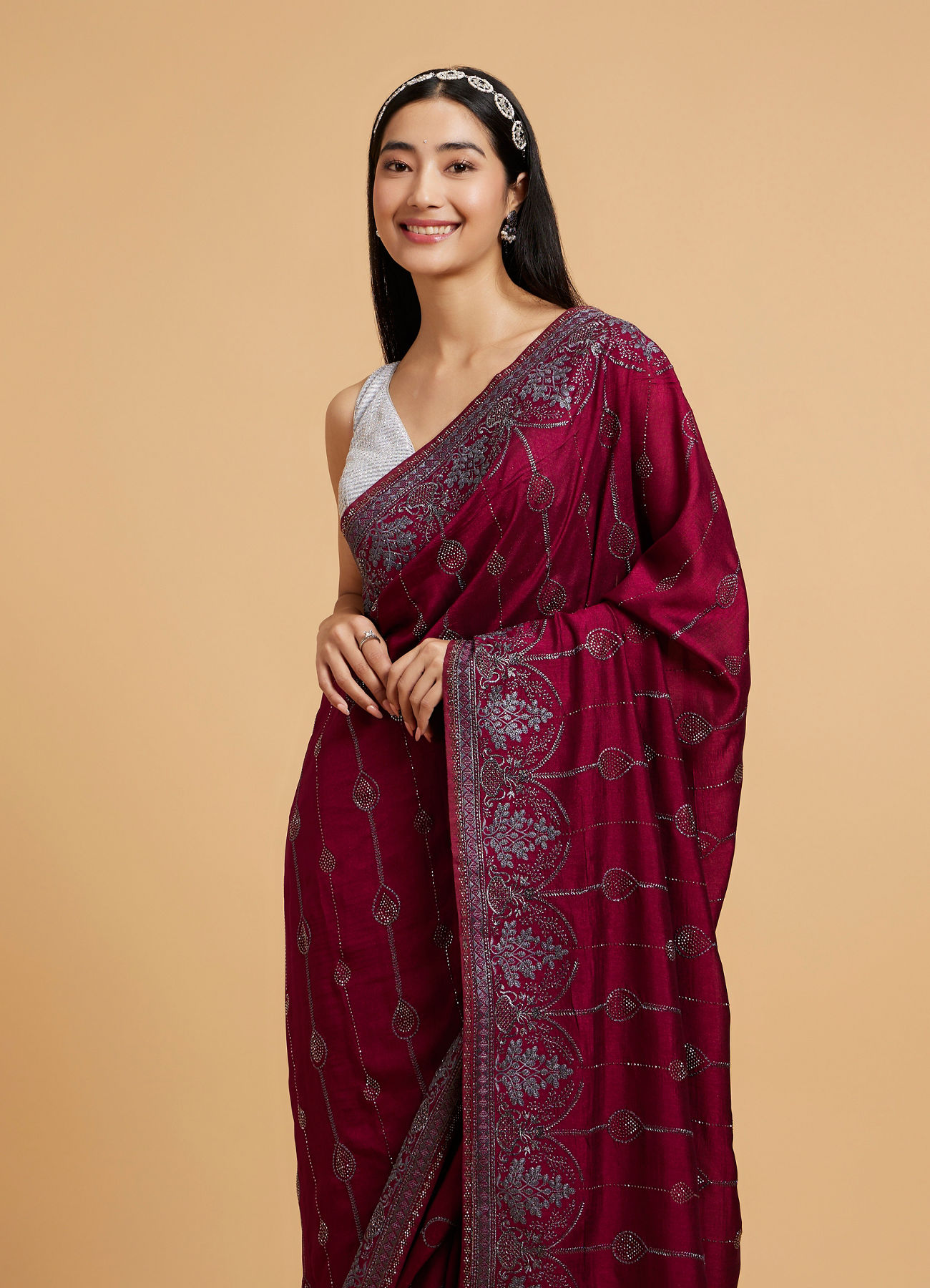 Mohey Women Wine Red Rhinestone Work Saree with Drop Motifs