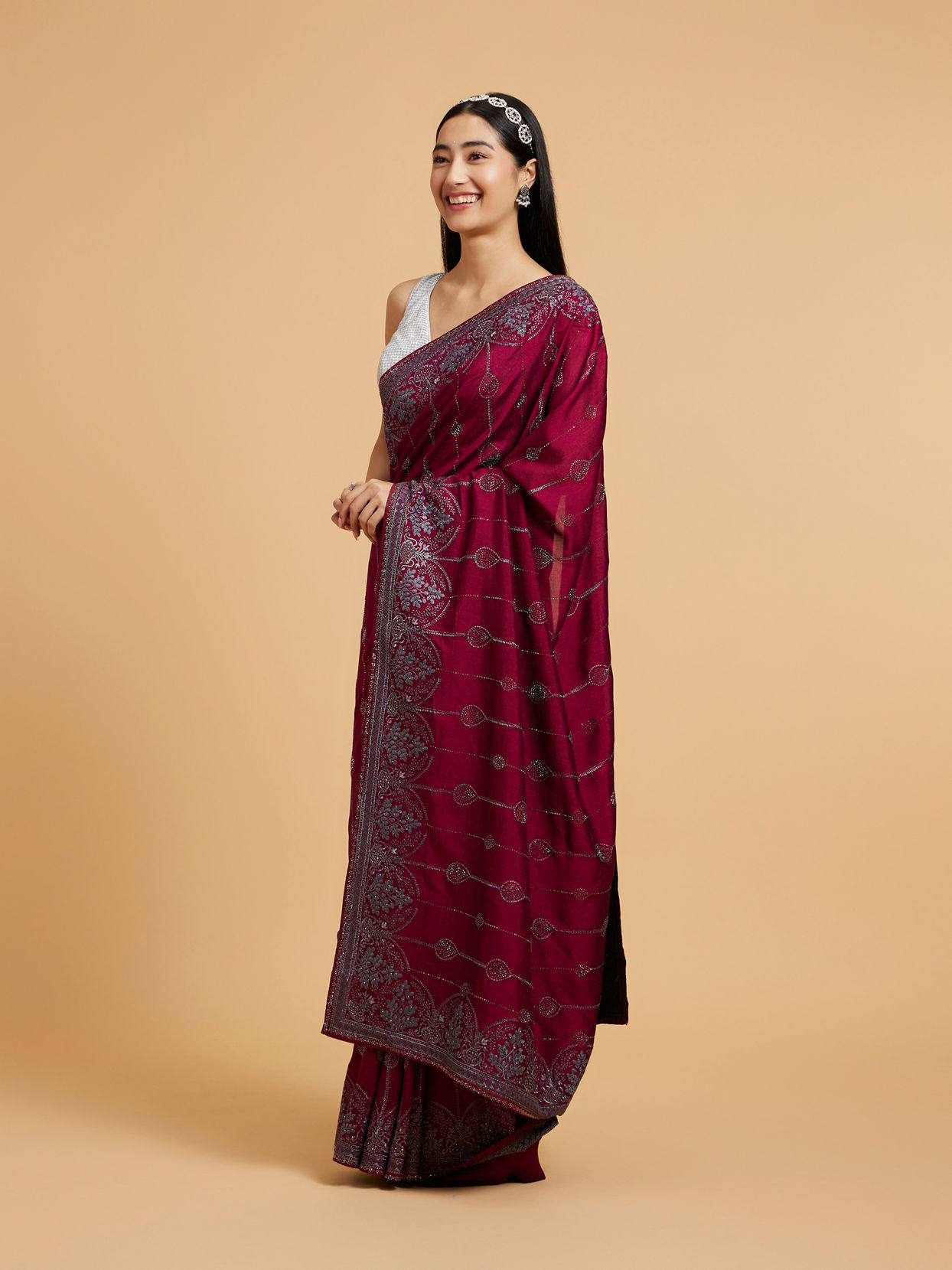 Mohey Women Wine Red Rhinestone Work Saree with Drop Motifs