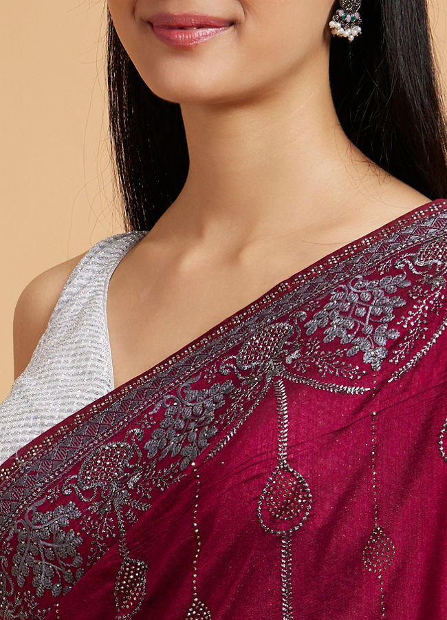 Mohey Women Wine Red Rhinestone Work Saree with Drop Motifs